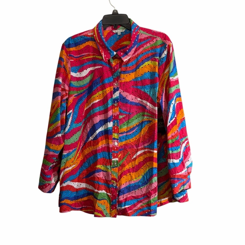 JOHN MARK 1X Multi Water Color Stripe Eyelet Button Front Shirt Arsty